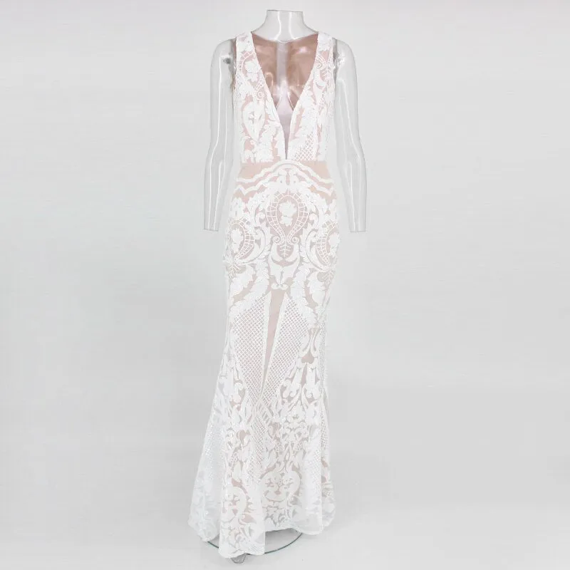 White Lace Dresses for Women - Deep V Neck Maxi Dress Slim Party Evening