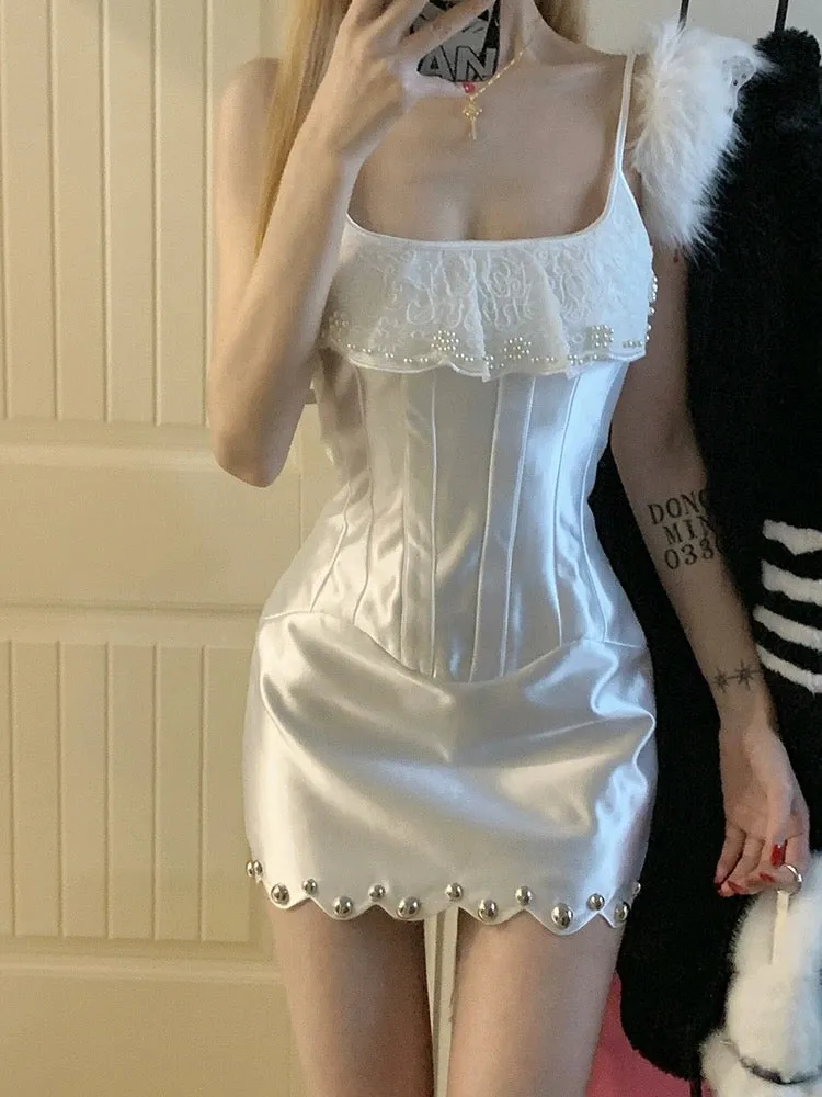 White lace satin suspender heavy dress female summer hot girl waist slimming sexy slim hip skirt