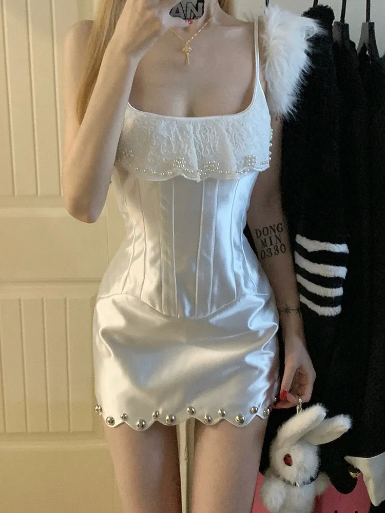 White lace satin suspender heavy dress female summer hot girl waist slimming sexy slim hip skirt