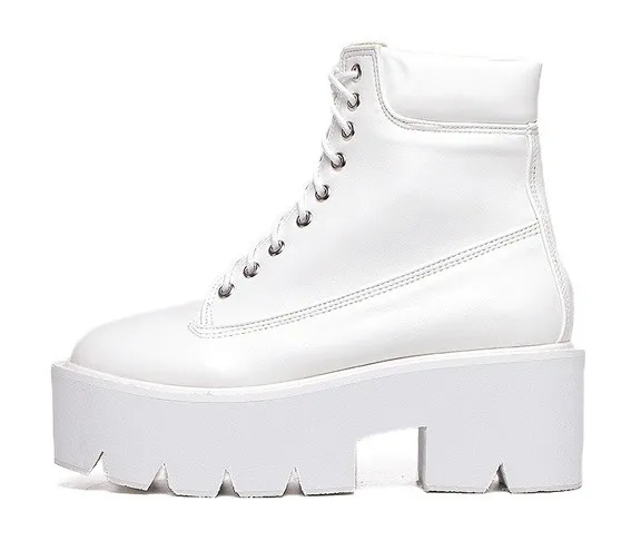 Chunky White Lace-Up Platform Boots with White Sole