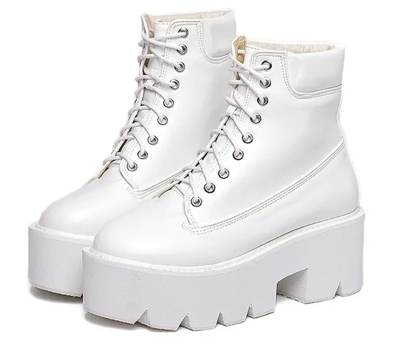 Chunky White Lace-Up Platform Boots with White Sole