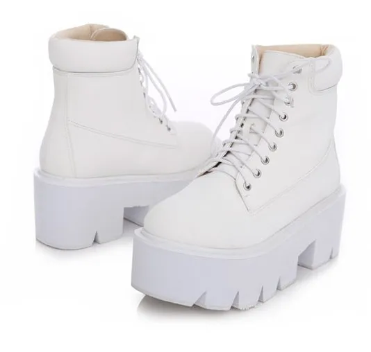 Chunky White Lace-Up Platform Boots with White Sole