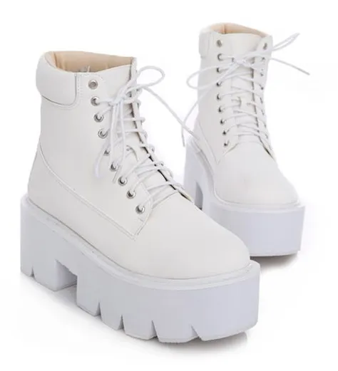 Chunky White Lace-Up Platform Boots with White Sole