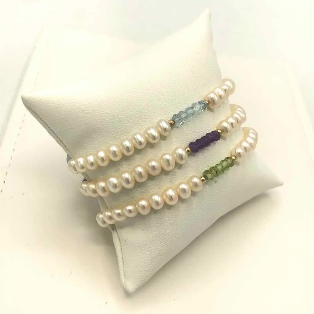 White Light Blue Pearl Amethyst Set of Three Bracelets Set