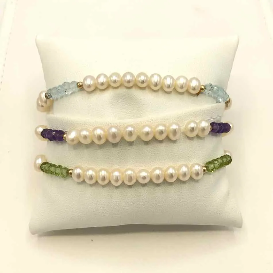 White Light Blue Pearl Amethyst Set of Three Bracelets Set