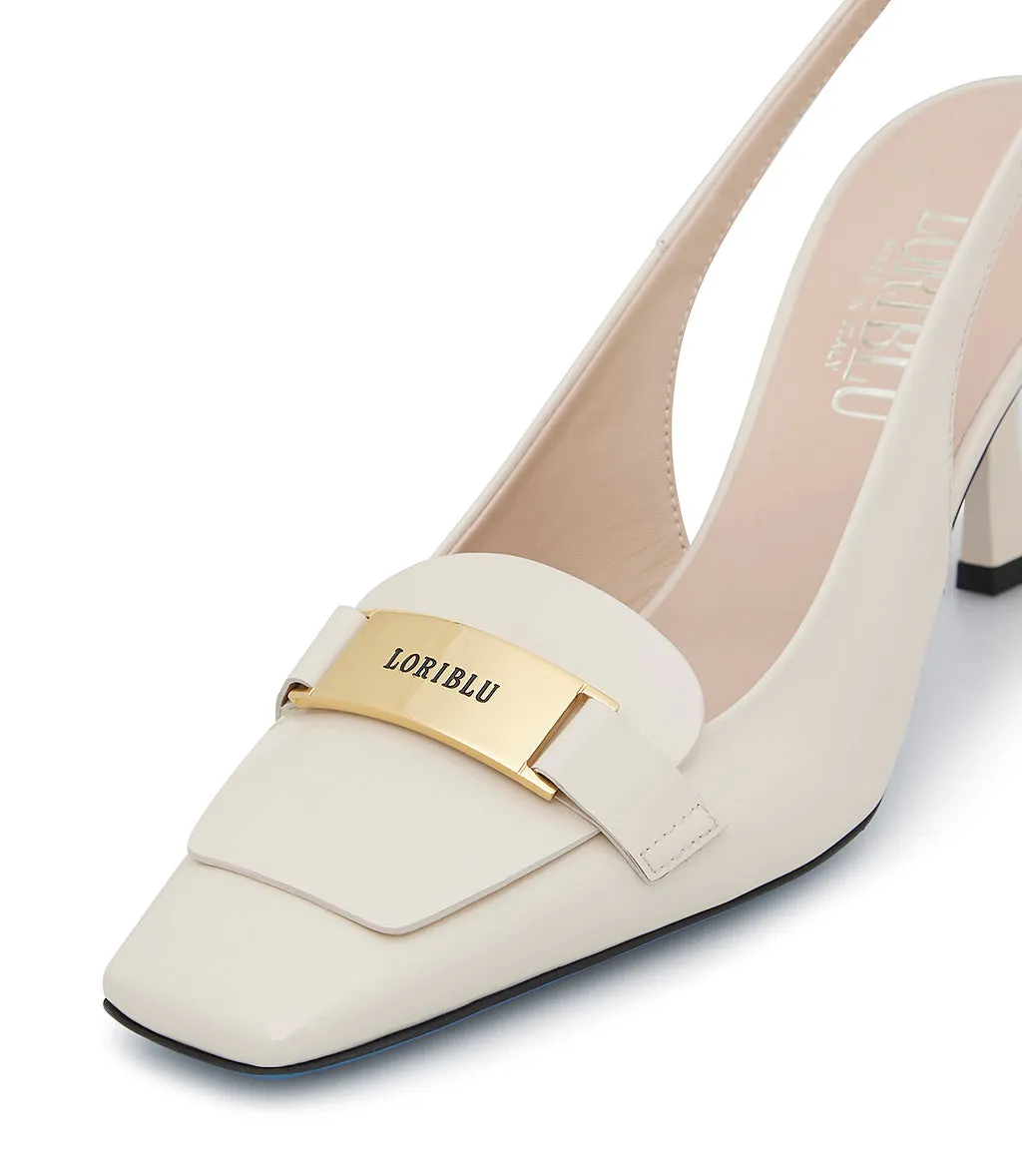 White nappa leather pumps with logo plaque - Slingback style