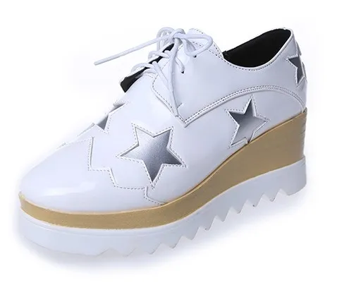 Patent White Star Lace Up Platforms Wedges Oxfords