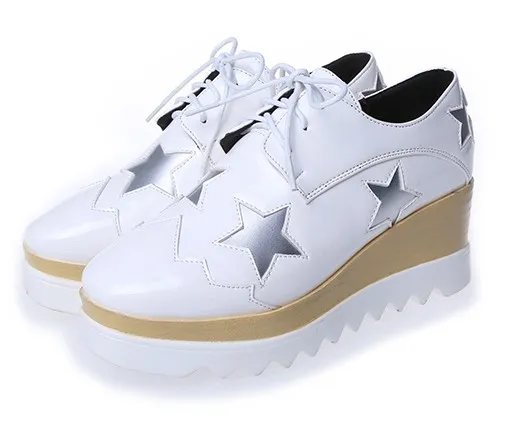 Patent White Star Lace Up Platforms Wedges Oxfords