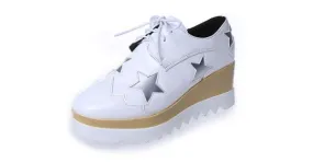 Patent White Star Lace Up Platforms Wedges Oxfords