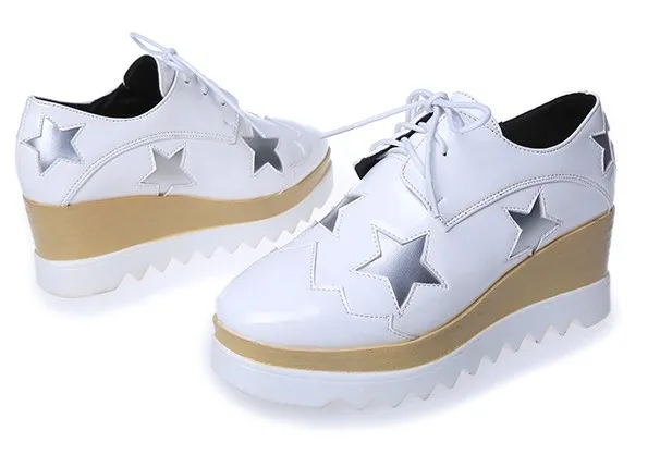 Patent White Star Lace Up Platforms Wedges Oxfords