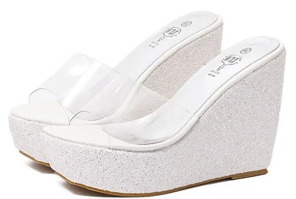 White Glitter Transparent Platform Bridal Sandals