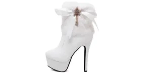 White Rabbit Fur Ribbon Gold Star Platform Stiletto High Heel Boots