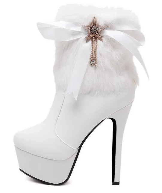 White Rabbit Fur Ribbon Gold Star Platform Stiletto High Heel Boots