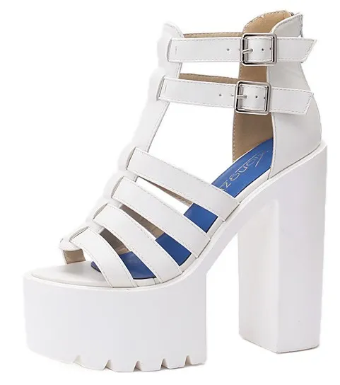 White T Strap Gladiator Platforms Sandals