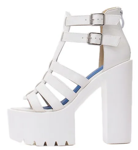 White T Strap Gladiator Platforms Sandals