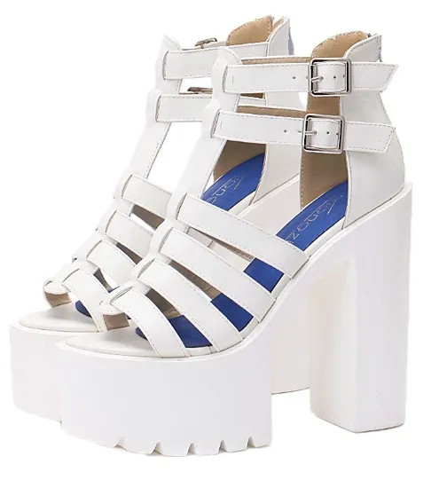 White T Strap Gladiator Platforms Sandals