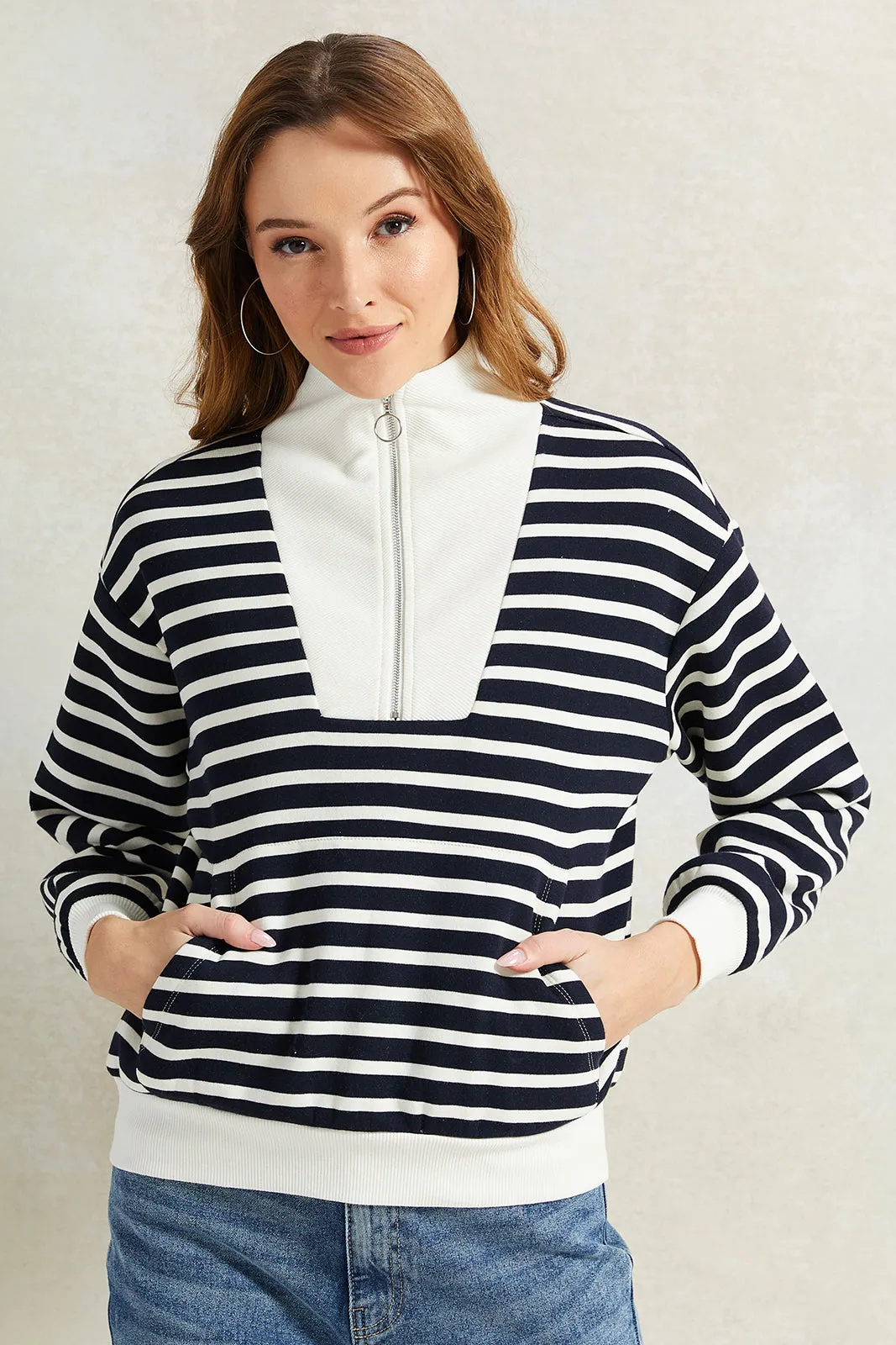 Women Black And White Striped Sweatshirt