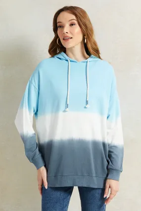 Women Blue Tie Dye Hooded Sweatshirt