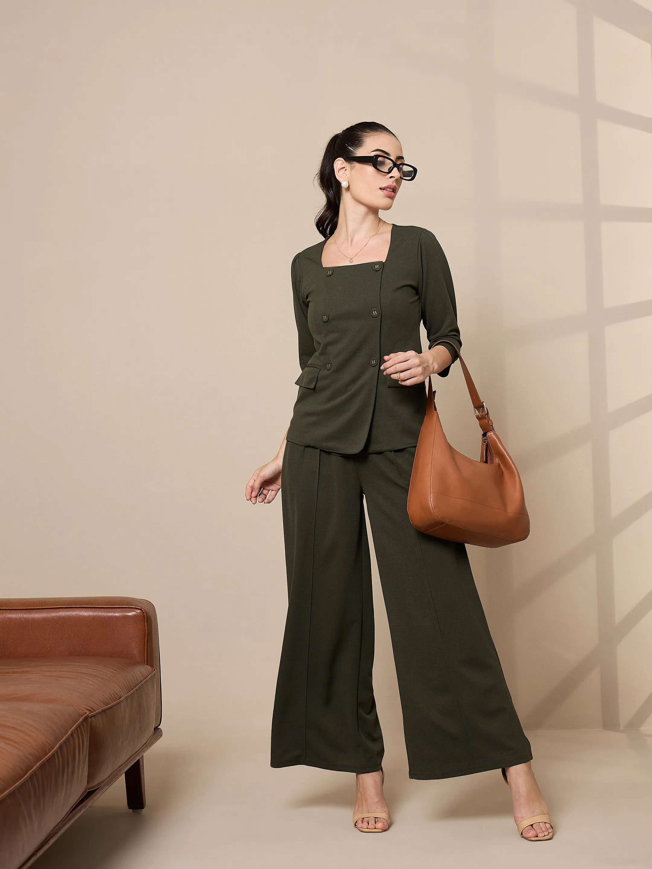 Women Olive Pleated Wide Leg Trousers