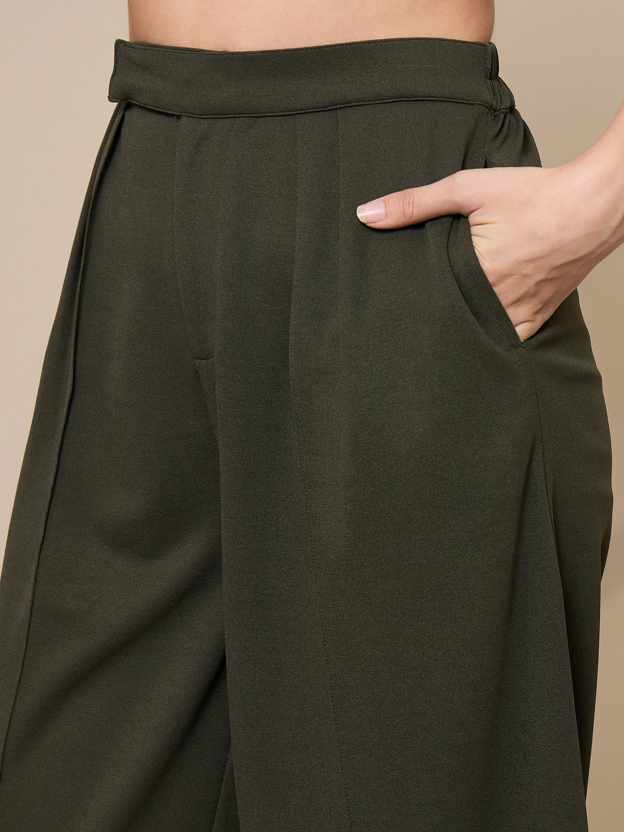 Women Olive Pleated Wide Leg Trousers