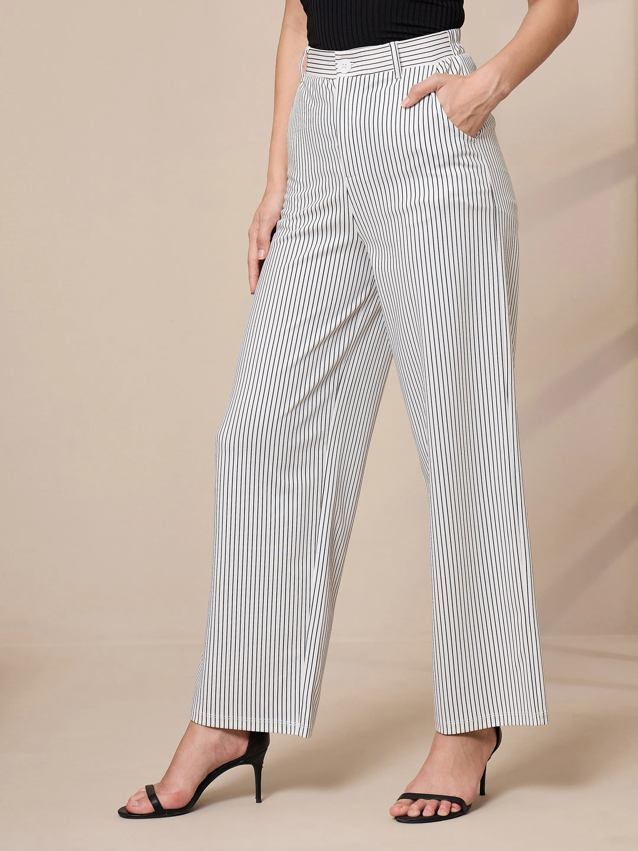 Women White Striped Straight Trousers