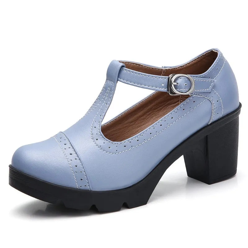 Blue Leather Round Toe High Heels for Women