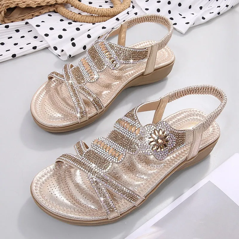 Summer Low Heel Party Sandals for Women - Diamond Gladiator Style