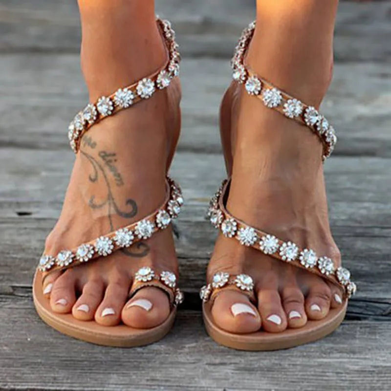 Summer Women's Bling Crystal Sandals with Synthetic Leather Soft Sole