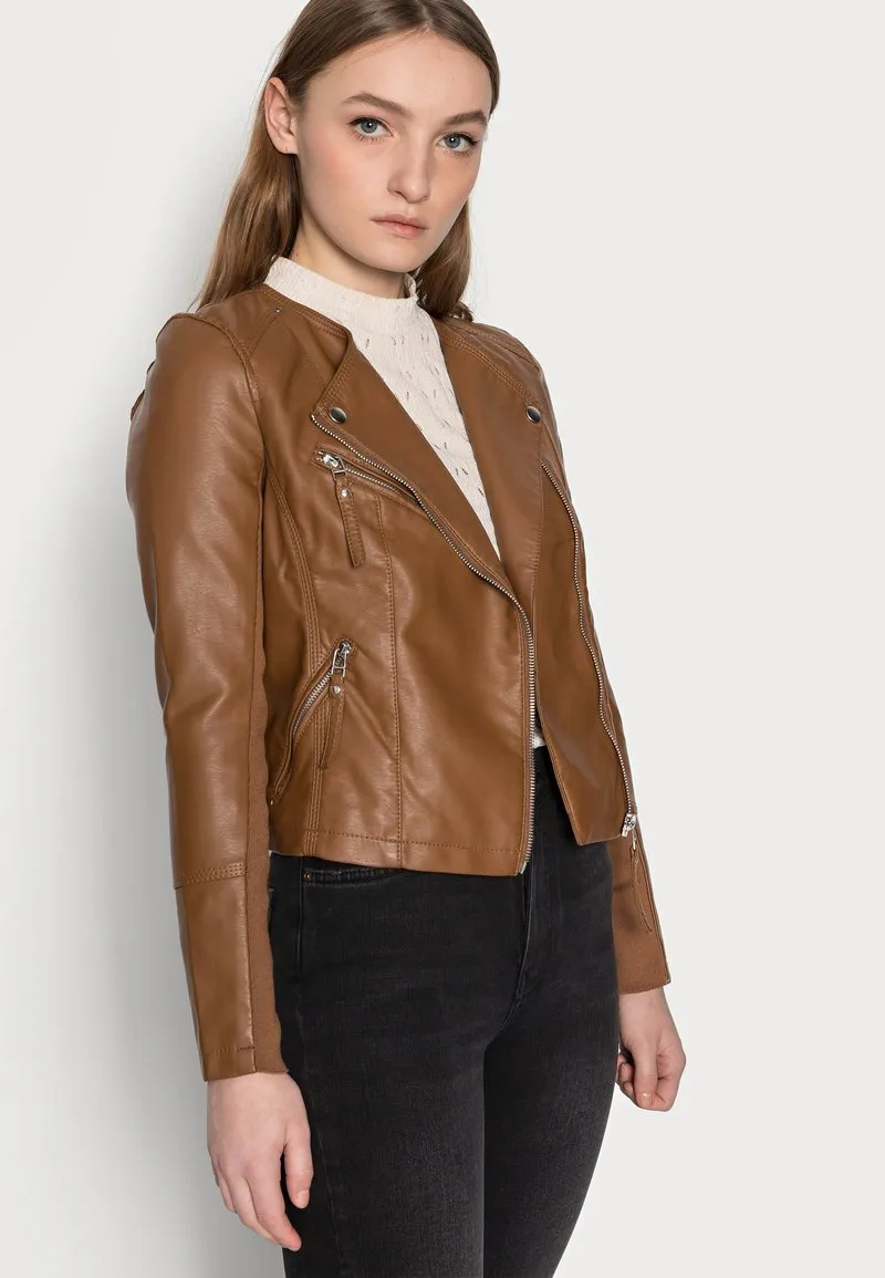 Women's Tan Brown Leather Biker Jacket