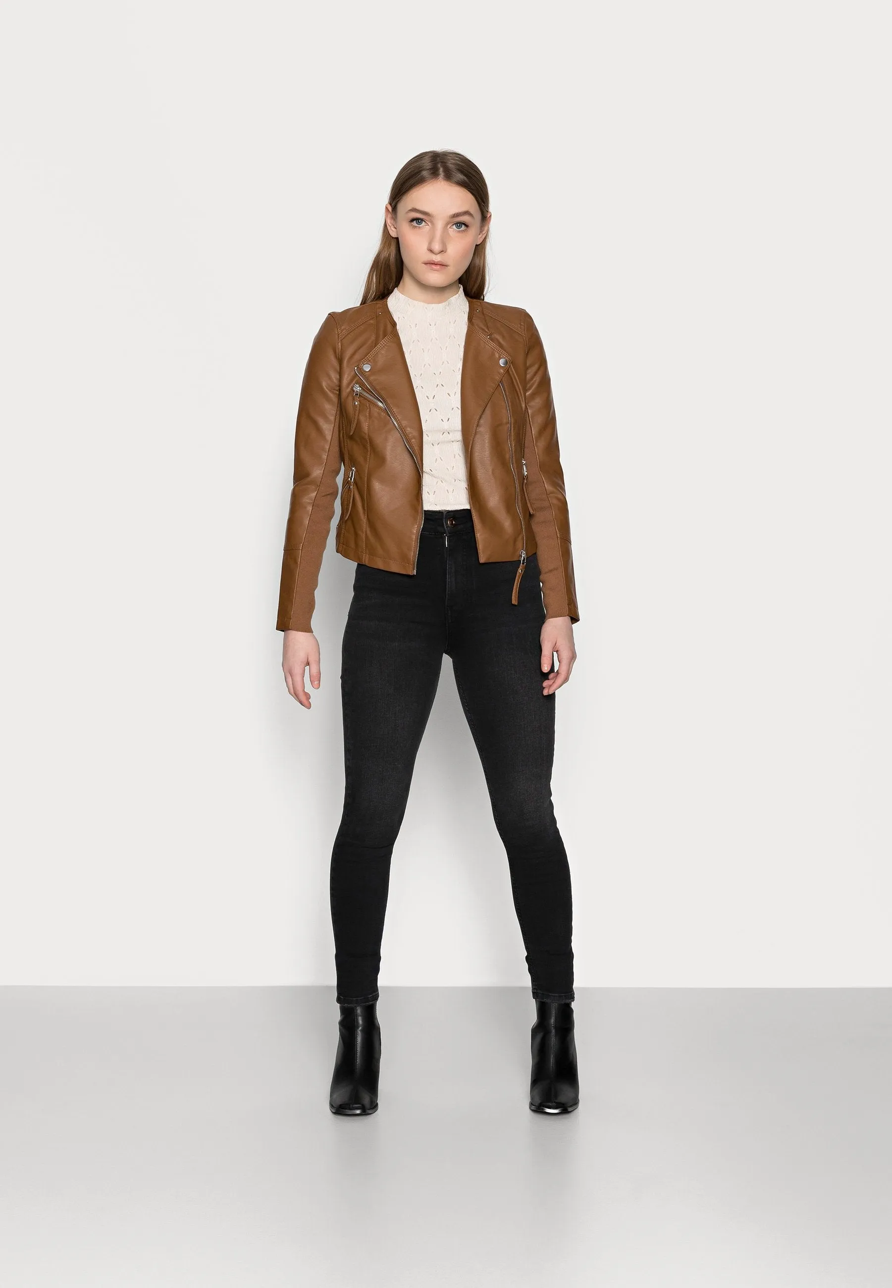 Women's Tan Brown Leather Biker Jacket