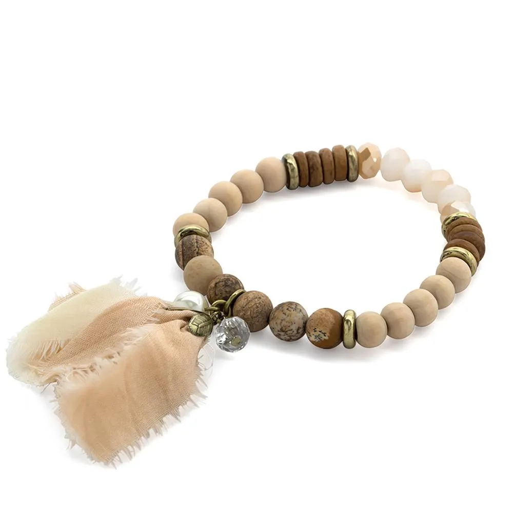 Stretch Wood Stone Bracelet with Fabric Tassel in Brown