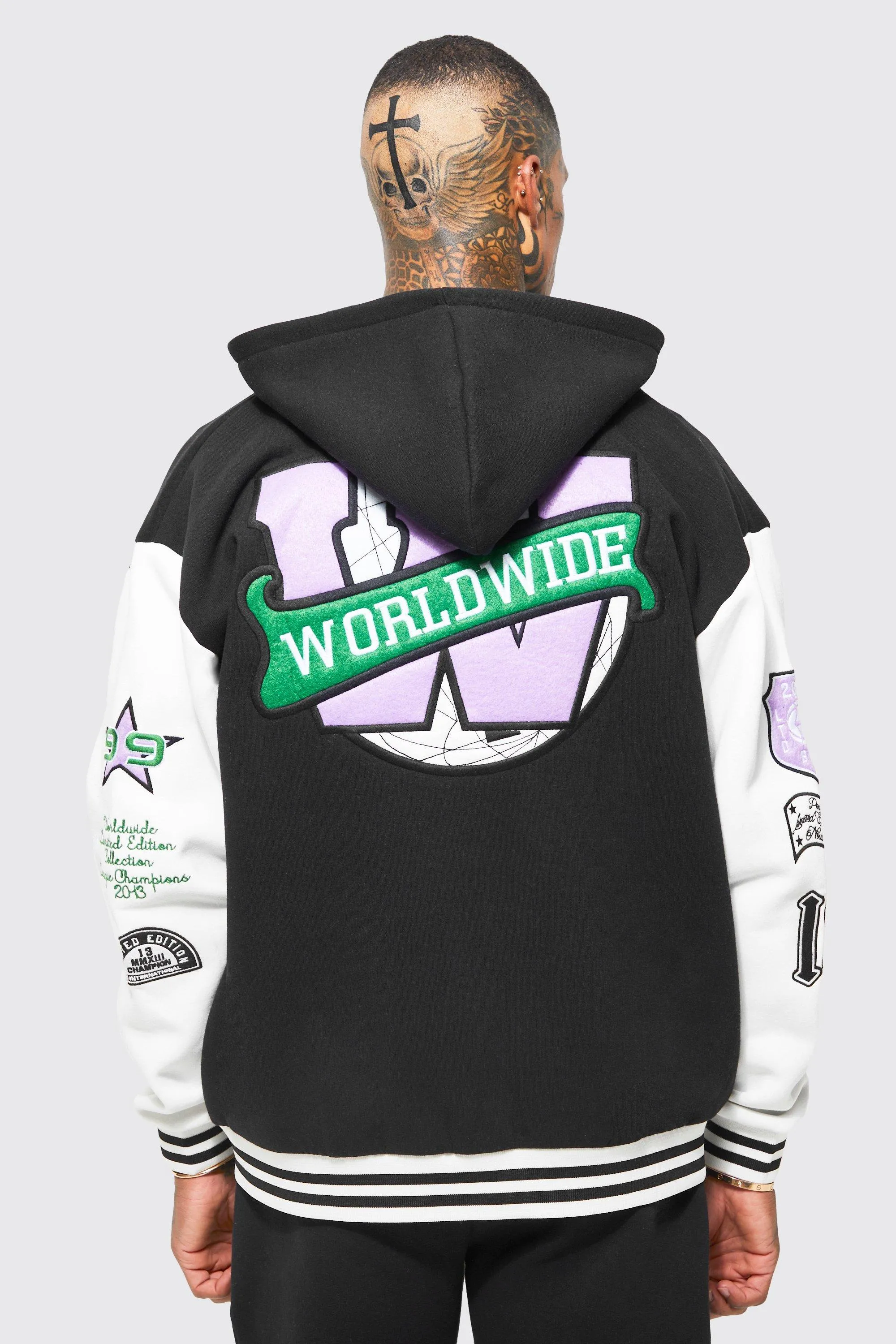 Worldwide Applique Hooded Varsity Jacket