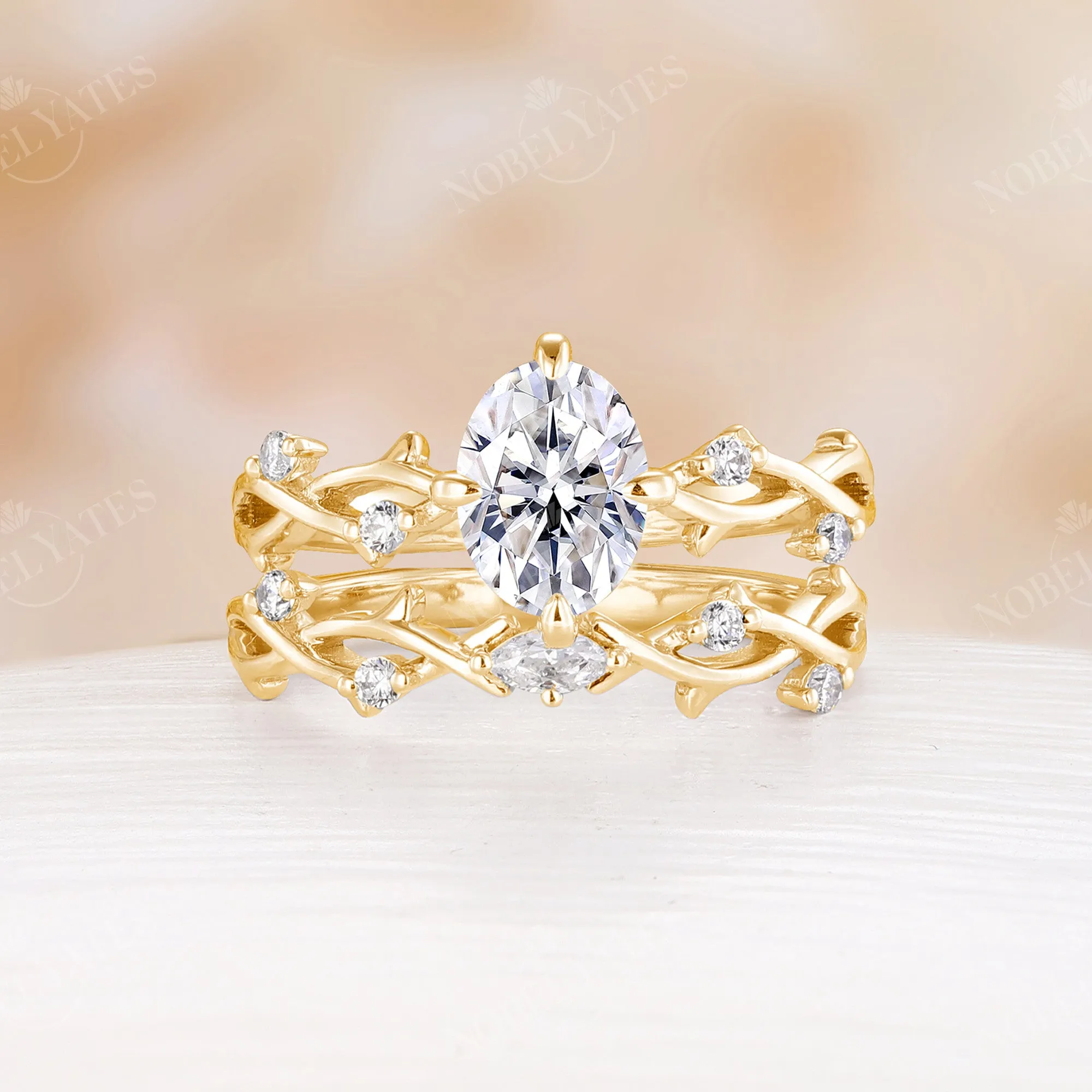 Yellow Gold Oval Shape Moissanite Engagement Ring Set Twig Design Band