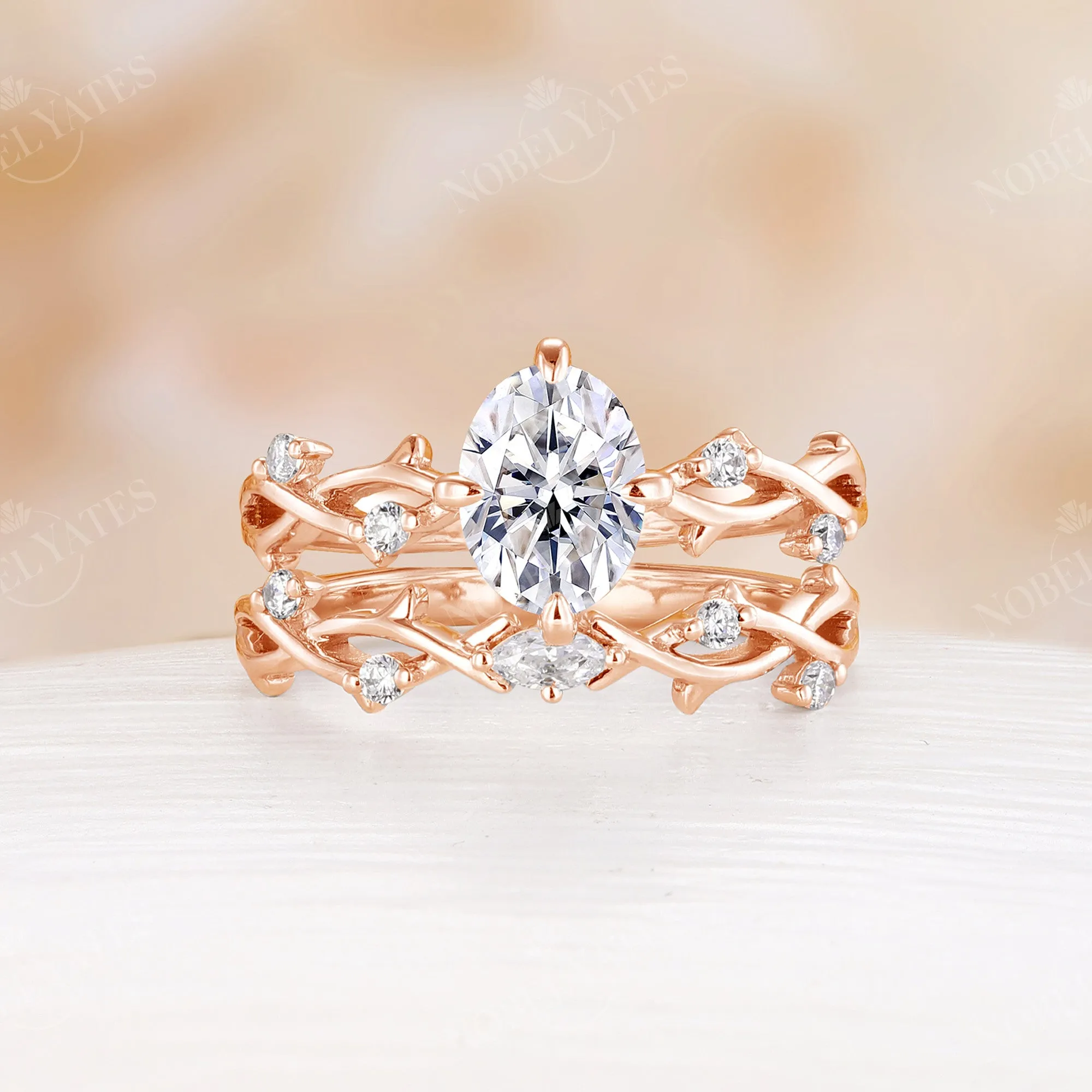 Yellow Gold Oval Shape Moissanite Engagement Ring Set Twig Design Band