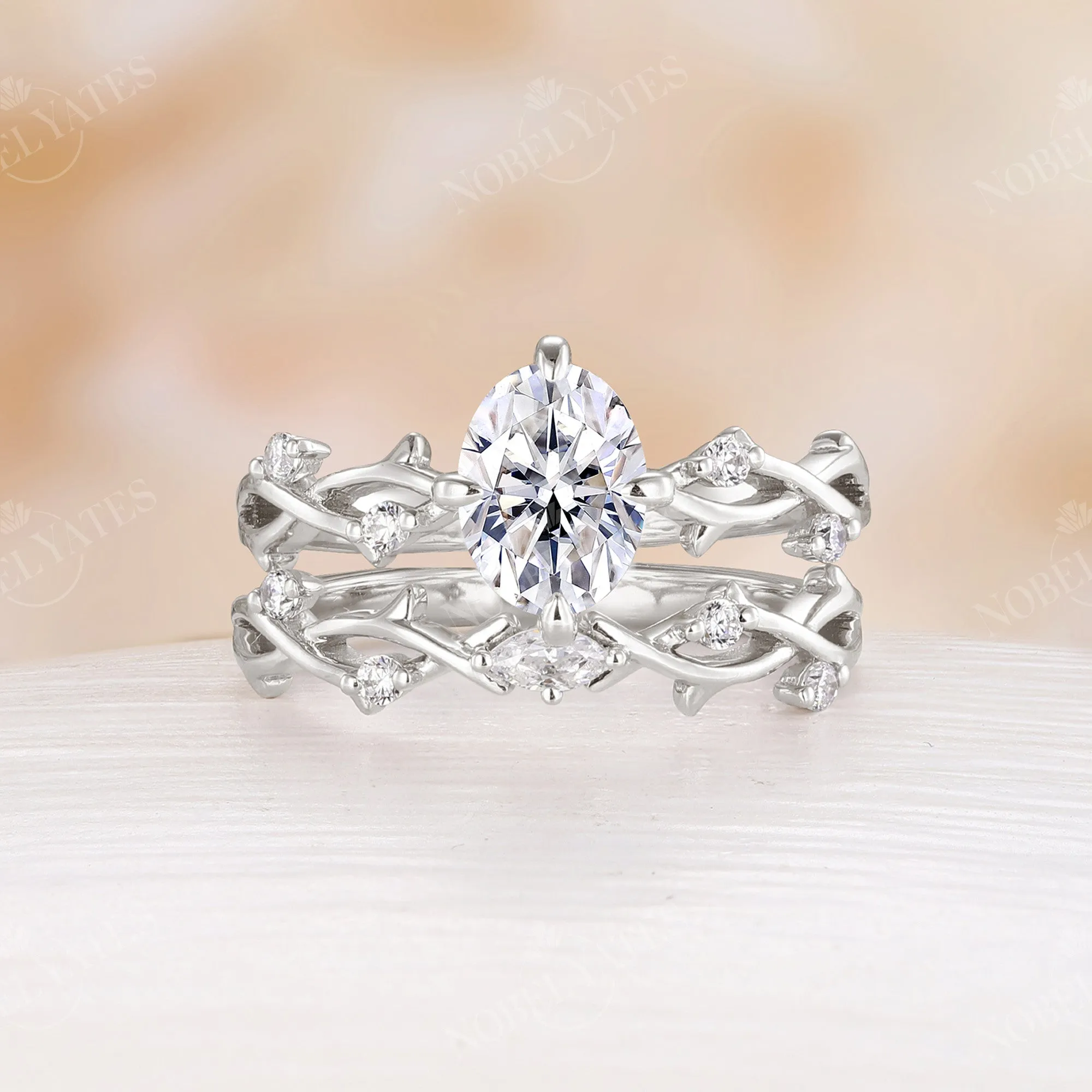 Yellow Gold Oval Shape Moissanite Engagement Ring Set Twig Design Band