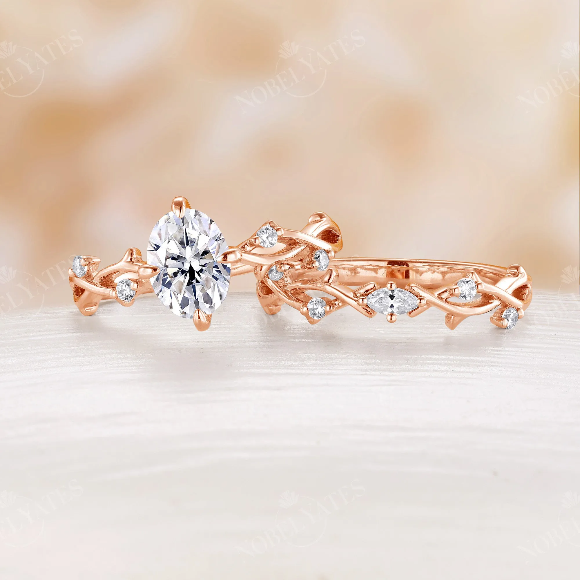 Yellow Gold Oval Shape Moissanite Engagement Ring Set Twig Design Band