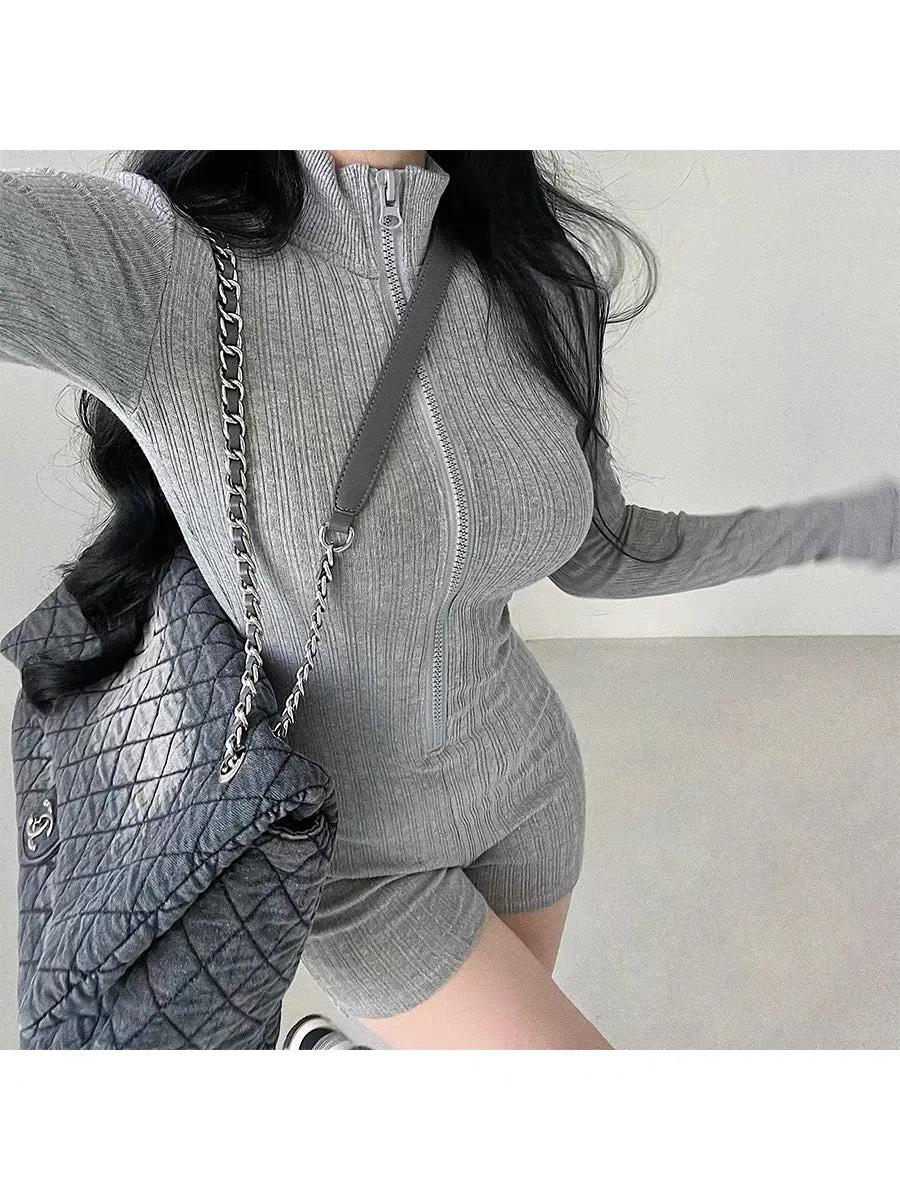 YoungGirlDay European and American style hot girl stand collar zipper slim slim long sleeve solid color knitted jumpsuit trendy 