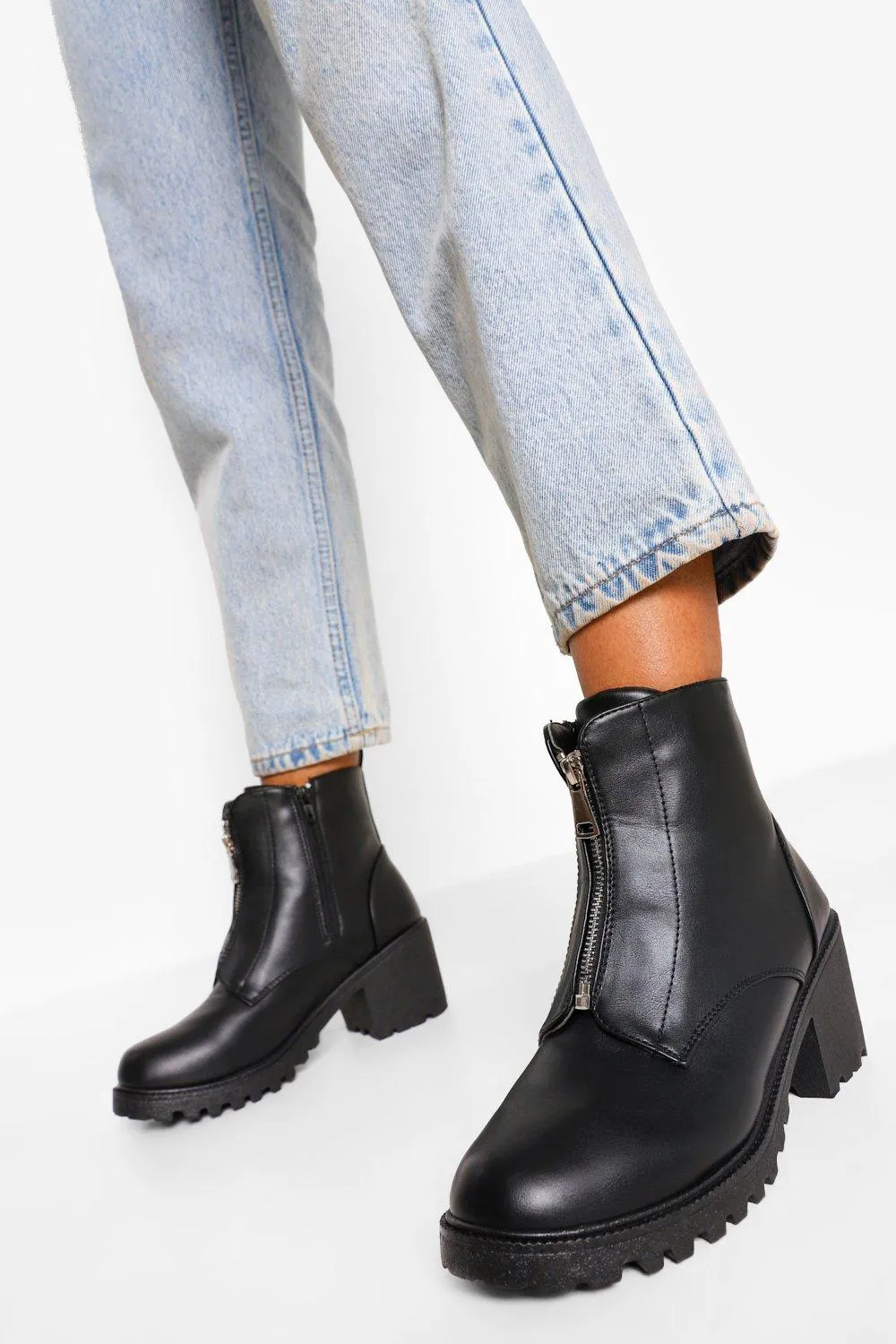 Zip Front Block Heel Biker Boots